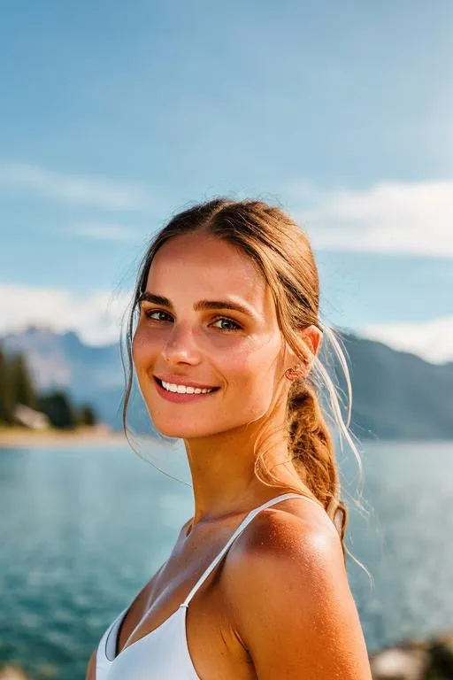 Prompt: soft lighting, realistic, RAW photo, beautiful young Swiss girl , 22 y.o. , smiling ,outstanding , distant photo, 1:9 pose, only one hand near neck, only one hand near head, wearing transparent bra, shines through top, detailed eyes , green eyes, dark hair, standing in front of a scenic backdrop, 85mm portrait photography, award winning, photo  in the style of stefan kostic, realistic, sharp focus, 2k high definition, insanely detailed, intricate, elegant, modelshoot style, (extremely detailed CG unity 2k wallpaper), full shot body, photo of the most beautiful artwork in the world, pale skin, medieval era, trending on ArtStation, trending on CGSociety, Intricate, High Detail, Sharp focus, dramatic, photorealistic, (realistic , long shot, studio lighting) , (high detailed skin:1.2), ((highly detailed skin, skin details)), high focus, DSLR, film grain, Fujifilm XT3.   looking healthy, photorealistic, hard rim lighting photography–beta –ar 9:16 –s 5000 –testp –upbeta , (soft lighting, high quality, film grain, Fujifilm XT3,((highly detailed skin, skin details)), high focus looking healthy, realistic photo, fit girl, city background , eye contact, eyes looking straight ahead outdoors, one head 