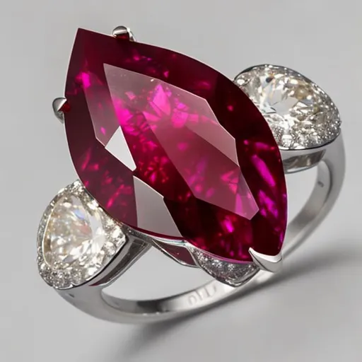 Prompt:  ring, only 1 ruby pear shape cut, only 3 litle diamonds, jewelery, assymetric design, ultra-modern design

