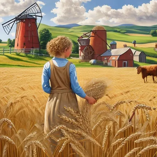 Prompt: Painting about a young farmer girl with curly blonde hair in front of a mill, wheat and cattle.