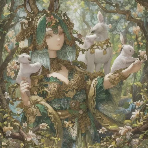 Prompt: God of spring, intricate details, animals, in forest,