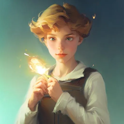 Prompt: Young girl discovering her magic wand for the first time, she creates magic sparks Krenz Cushart + loish +gaston bussiere +craig mullins, j. c. leyendecker +Artgerm, oil painting texture.