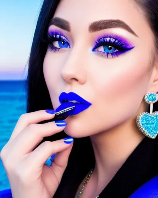 Prompt: Kayleigh McEnany eating candy, blue lipstick, snowy beach, blue heart necklaces, Thick blue nylon jacket, Black Plane, pleasant face, blue spiral eyes, Black-purple eyeshadow, long ice earrings. Cold color scheme, ultradetailed, 8k resolution, perfect, smooth, high quality, shiny. 