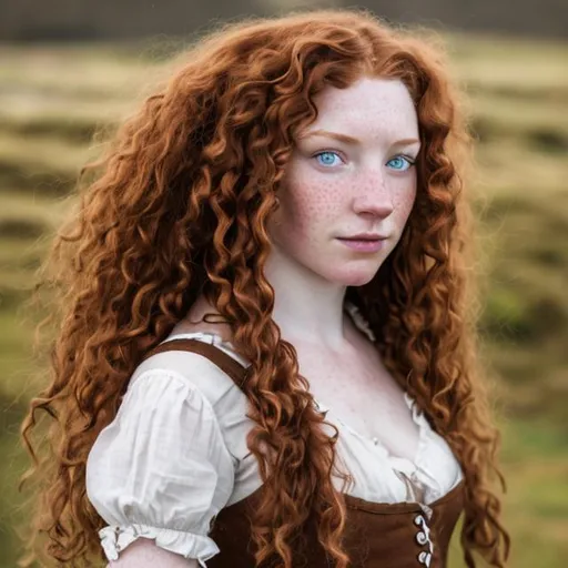 Prompt: Lass from scotland in 18th century red curly long hair with mid brown eyes, pale skin, with freckes chubby face
 