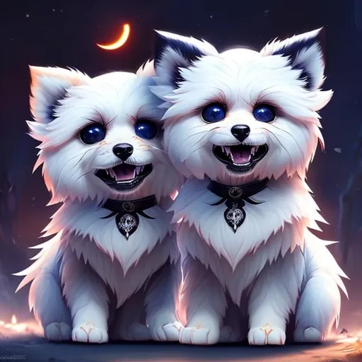 Prompt: two small chibi fluffy puppies wearing creatively fun and stunning costumes, one is all black and the other is all white, on a blood moon Halloween night, autumn forest colours, sparkling eyes, embers in eyes, shining eyes, sharp features, fireflies, highly detailed, digital painting, trending on artstation, concept art, smooth, sharp focus, beautiful fur, expressive eyes, illustration, art by Artgerm and greg rutkowski and alphonse mucha