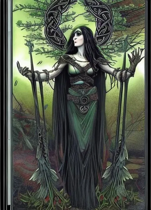 Prompt: celtic pagan goddess: The Morrigan. Crows. Dead Trees.  Trippy death goddess.