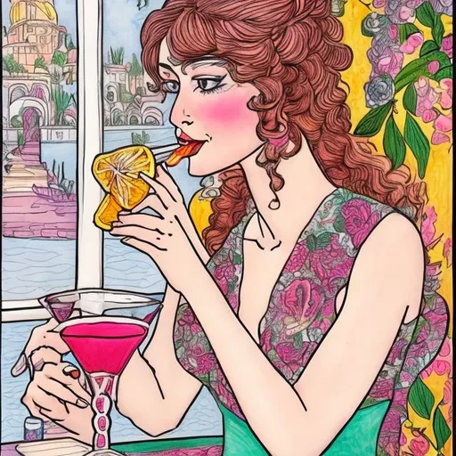 Prompt: A hand drawn picture in color of a woman in love drinking cocktails. 