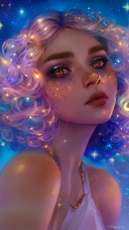 Prompt: A very beautiful woman with hair made of glowing clouds illuminated by the moonlight, freckles shaped as Golden stars, artistic makeup with a metallic iridescent pallette, art by Tom Bagshaw, artgerm, ilya kuvshinov, Josephine Wall, WLOP, art by Laura Hollingsworth, Andrew Atroshenko, 4k, pretty visuals, aesthetic, artstation, unreal engine, shadow effect, insanely detailed and intricate, highly detailed, shooting stars, iridescent effect to the white clouds.