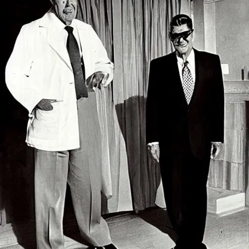Prompt: Ronald Reagan-Theadore Roosevelt look like smoking a cigar wearing a white lab coat and circular glasses