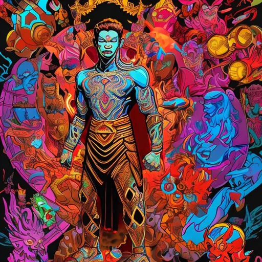 Prompt: the guardian of worlds,  thai man, colorful and fun, full body, illuminated