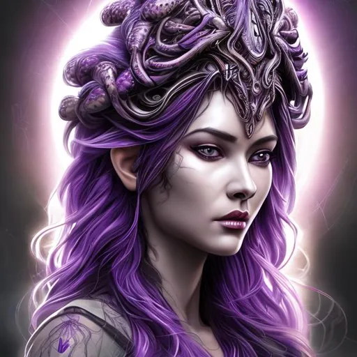 Prompt: Hyper realistic face feature goddess of spiders purple hyper detailed hairstyle and forehead crown
