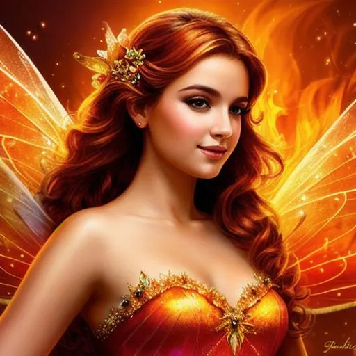 Prompt: Pretty fairy goddess, warm colors, fiery background, closeup