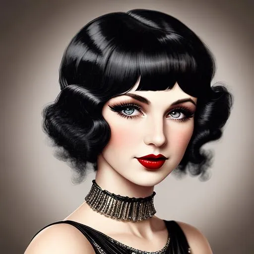 Prompt: 20's fashionable  flapper girl,black finger curl hair, red lips, facial closeup
