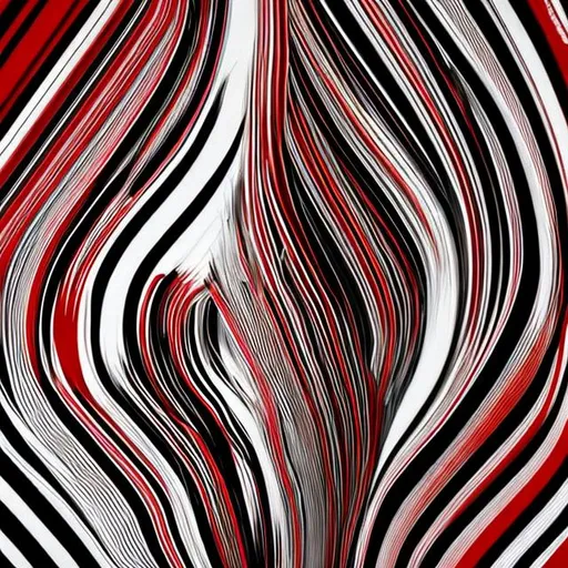 Prompt: 7 vertical flowing lines, thin quick light strokes, black and red, white and yellow very minimal, abstract art, twist into each other at some point
