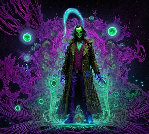 Prompt: Cosmic Epic, full body characters, Joker on the dark streets of Gotham City surrounded by villains, handsome male neopunk wizard opens a portal to a sidereal multiverse :: Mandelbrot neuro web :: intricate galactic inlay + ultra high detail, internal glow plasma neon, precise :: projection awareness :: astral projection :: laser sharp , octane render + unreal rendering + original photo :: 8k, high contrast volumetric lighting --uplight --quality 2 --stop 80, --ar 9:16. : : highly detailed, highly realistic, photographic, wide angle lens :: stylized Richard Avedon, Patrick Demarchelier, Vogue, Baron Adolphe De Meyer :: --ar 9:16 --q 2