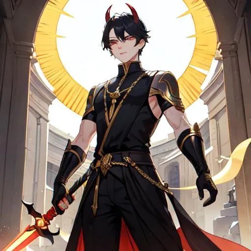 Prompt: he is a devil boy with the shiniest golden eyes shining like a sun and he is holding a sword in his hand and standing above in stone guiding his citizens