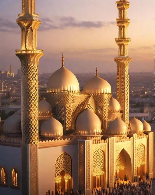 Prompt: The intricate latticework exterior of a grand mosque glows golden in the evening light. People gather at the entrance beneath soaring minarets. Wide landscape view captures modern architecture against an ancient city skyline. ,Rococo style, Rococo hairstyles, Rococo costumes, Rococo architecture, Rococo period 