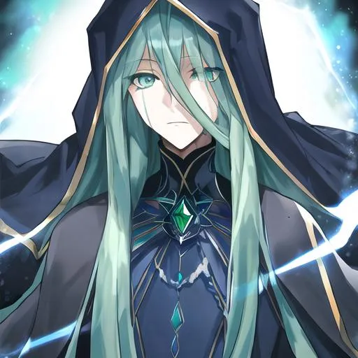 Prompt:  Dark blue assassin cloaked and masked, crystal emerald eyes, green hair ,galactic background, 8k, large man, emperor,
