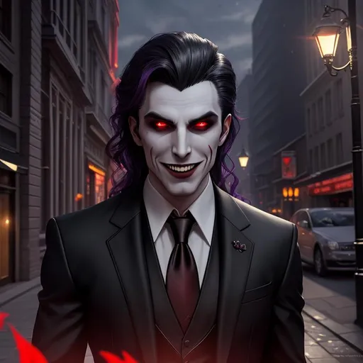 Prompt: Male Lasombra Vampire, 11th Generation, vampire, vampire real estate agent, dressed for the office, blood splashed across his cheek, his shadow forms a creepy tentacle, vampire the masquerade, detailed symmetrical face, malicious grin showing perfect teeth, city at night style background, well lit by street lights, vampire, real, alive, real skin textures,