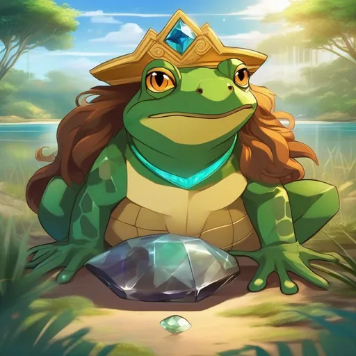 Prompt: a fusion between a frog and turtle and lion, with a gemstone on its forehead, a detailed savannah background, RPG art, Anime art, 2D art, 2D, majestic