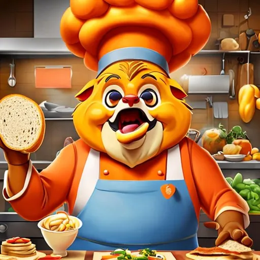 Prompt: a cartoonish picture of a funny and smiling chef lion that has a hat of chef, making sandwhiches in a kitchen. the lion has orange clothes