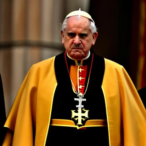 Prompt: Demonic evil pope with butler mustache wearing a swastika  around neck