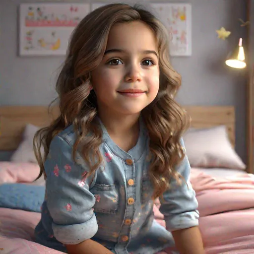 Prompt: Full body hyper realistic full body photograph of an female,({The person is 9.5 years old , age appropriate face, cute clothing for age}), Background is a cute and childish bedroom , Highly detailed and accurate facial features, 8k, UHD quality , (high detailed skin:1.2), photo realistic, (full body:1.2) , hyper realistic, (age appropriate body proportions:1.2) , perfect face,  