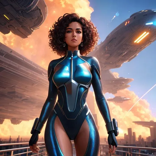 Prompt: portrait photo, 21 years old, tanned skin, medium length curly asymmetric hair cut, hologram suit, huge dystopian city, space warships in the sky, heroic pose, heavenly beauty, 8k, 50mm, f/1. 4, high detail, sharp focus, cowboy shot, perfect anatomy, arms behind back, Carne Griffiths, Conrad Roset, highly detailed, detailed and high quality background, oil painting, digital painting, Trending on artstation , UHD, 128K, quality, Big Eyes, artgerm, highest quality stylized character concept masterpiece, award winning digital 3d, hyper-realistic, intricate, 128K, UHD, HDR, image of a gorgeous, beautiful, dirty, highly detailed face, hyper-realistic facial features, cinematic 3D volumetric, illustration by Marc Simonetti, Carne Griffiths, Conrad Roset, 3D anime girl, Full HD render + immense detail + dramatic lighting + well lit + fine | ultra - detailed realism, full body art, lighting, high - quality, engraved | highly detailed |digital painting, artstation, concept art, smooth, sharp focus, Nostalgic, concept art,