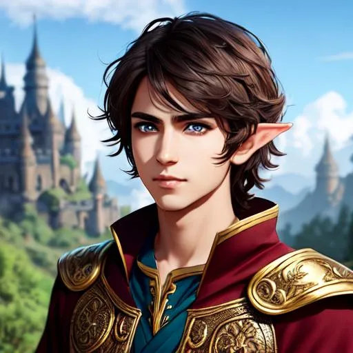 Prompt: elf king, dark eyes, brown eyes, prince, short hair, messy hair, brown hair, male, windy, brown eyes, dark eyes, arched eyebrows, red sleeved shirt, clear sky, blue sky, 4K, 16K, highly realistic, extremely detailed, photo realistic, photo quality