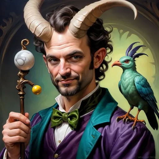 Prompt: A fine art oil painting by Seven Wonders Art Glass Studio is a magician man transforming with a horned head and a bird on his shoulder holding a cane and a ball in his hand, Clint Cearley, fantasy art, fantasy character portrait, a character portrait.  Honors Pan and Nuit.