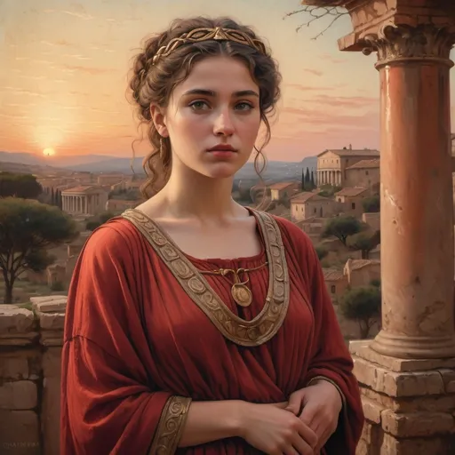 Prompt: (ultra-detailed) 20-year-old Roman woman in a beautifully detailed (1st-century tunic) red attire, standing gracefully, (cinematic quality) with warm, inviting colors reflecting the soft glow of dusk. The background features a rustic Roman landscape, adding depth and authenticity, while the painting style captures the intricate textures and rich tones, vanishing into a historic atmosphere.