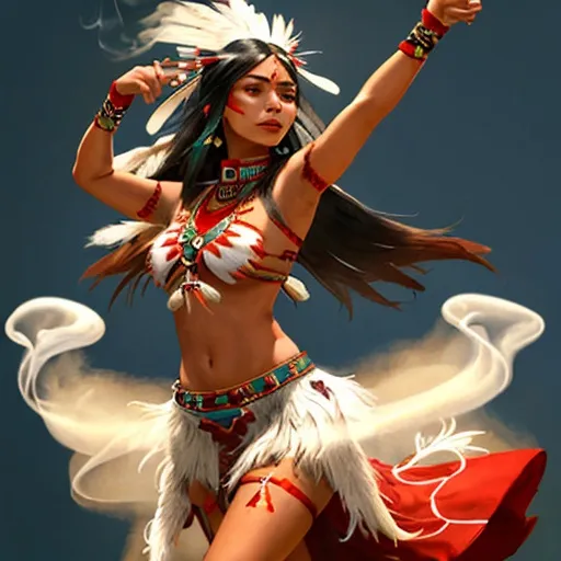 Prompt: coast salish indigenous woman in regalia, dancing surrounded by smoke shaped as wild animals 