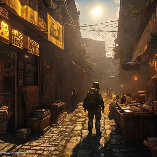 Prompt: a S.T.A.L.K.E.R., wandering through a fantasy market, looking out of place in his new environment, intricate details, professional, highly detailed, Anime, Unreal Engine,