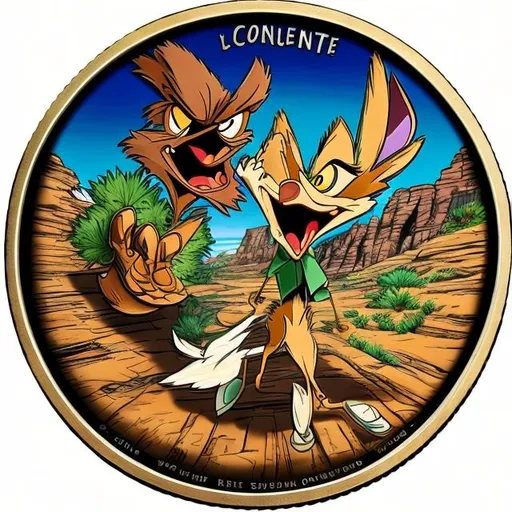 Prompt: Wile E. Coyote, Roadrunner, coin, surprise me