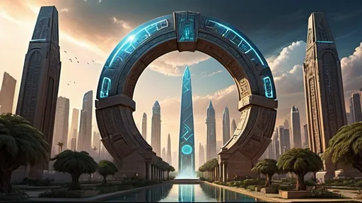 Prompt: magical portal between cities realms worlds kingdoms, circular portal, ring standing on edge, upright ring, freestanding ring, hieroglyphs on ring, complete ring, obelisks, ancient egyptian architecture, gardens, hotels, office buildings, shopping malls, fountains, large wide-open city plaza, panoramic view, night sky, futuristic cyberpunk dystopian setting