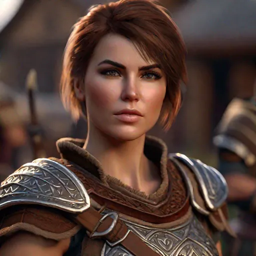 Prompt: D&d woman barbarian, village, low armor, short brown hair, painted face, highly detailed, professional, render, Sharp focus, HD, UHD, HDR, hyperrealistic 