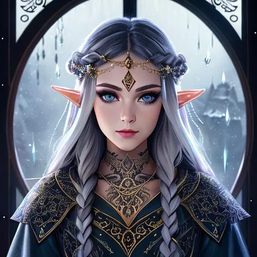 Prompt: half body portrait, female elf, druid of the stars, magical, detailed face, detailed eyes, full eyelashes, ultra detailed accessories, detailed interior, detailed tattoos, tattoos on face, starry robes, braided hair, dnd, artwork, dark fantasy, raining background, house interior, looking outside from a window, inspired by D&D, concept art, night time