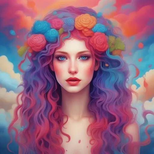 Prompt: Colorful and beautiful Persephone with hair that is made out of rain clouds