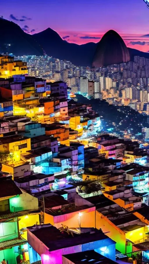 Prompt: Brazilian Favela, colorful, panoramic shot, colorful houses, decorated for the World Cup, Rio de Janeiro, people around, nighttime, a lot of lights, sharp moonlight, 
