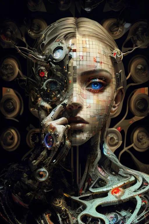 Prompt: Professional collage of parts many famous masterpiece art mixed with modern parts Contemporary art, futuristic neoexpressionism, a figure deep in thought, Behance contest winner, Igor Morski, cgsociety, supermodel symmetric face, global illumination, detailed photo and intricate environment, vibrant colors, sparkling eyes electricity, artgerm, Ryohei Hase, Cecily Brown, background surrealism face shadow, sharp focus, studio photo, intricate details, by android jones, artgerm beeple, golden ratio, fake detail, trending pixiv fanbox, acrylic palette knife, style of makoto shinkai studio ghibli genshin impact chiho aoshima, sf, intricate artwork masterpiece, ominous, intricate, trending on artstation, vibrant, production cinematic character render, ultra high quality model, matte painting movie poster, epic, h. r. giger and beksinski, highly detailed, vibrant, production cinematic character render, ultra high quality model, sf, intricate artwork masterpiece, ominous, matte painting movie poster, epic, sf, intricate artwork masterpiece, ominous, matte painting movie poster, golden ratio, trending on cgsociety, intricate, epic, trending on artstation, by artgerm, h. r. giger and beksins 