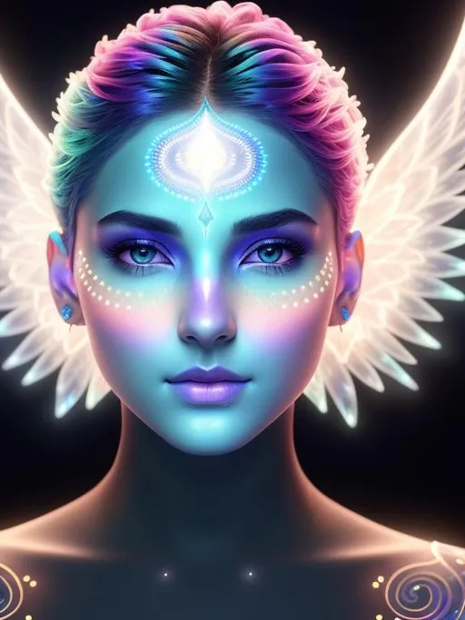 Prompt: handsome and gorgeous angel with short hair, intense and beautiful eyes and beautiful nose, thin fractals rainbow-piezoluminescent face tattoo, by greg rutkowski and artgerm and emile vernon, etheral, bioluminescence, muted colors, pastels, expressive, high detail, five fingers, symmetrical eyes, hyperrealistic, intricate artwork, symmetrical, digital painting, dynamic lighting, artstation, digital painting, artstation, cinematic lighting, intricate artwork, dreamlike, symmetrical, emitting diodes, smoke, artillery, sparks, racks, system unit, motherboard, sharp focus, emitting diodes, smoke, artillery, sparks, racks, system unit, motherboard, by pascal blanche rutkowski repin artstation hyperrealism painting concept art of detailed character design matte painting, 8k resolution blade runner