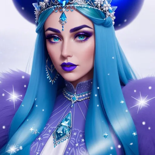 Prompt: GeminiTay, Heavy snow, Giant Blue Orb in Sky, Long Straight Blue hair, Ice crystal tiara with Green Flowers, Thick bushy blue eyebrows, medium sized nose, plump diamond shape face,  Blue lips, ethereal blue eyes, Triangle Star earrings, soft ears, Large blue plastic chain around neck, Blue heart necklaces, Purple candy shaped rings, Large blue fur coat with armor underneath. Scaley gloves. Long Blue Skirt with moons.