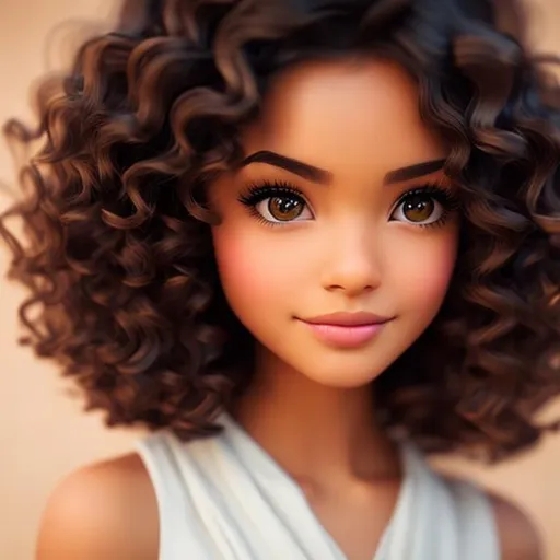 Prompt: Disney, Pixar art style, CGI, girl with muted light tan skin, dark eyes, long black curly hair, very pretty, solemn expression