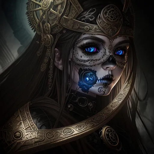 Prompt: Epic, Heroic, fantasy, ominous, cinematic lighting, 3D, HD, [{Steampunk}Sugarskull with long hair, Beautiful big reflective eyes]::2, {Greek}mythology, mist, expansive ancient Greece background, hyper realistic, uber detailed, 64k, high quality, sharp focus, studio photo, intricate details, highly detailed --s98500