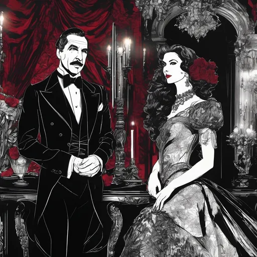 Prompt: (Vincent Price with Bela Lugosi), Black and White pen and ink sketch style, dark color scheme, elegantly gothic attire, intricate details, dim lighting, dramatic shadows, opulent background, luxurious textures, ornate furniture, deep reds and blacks, baroque patterns, solemn atmosphere, rich color tones, dark romanticism, ultra-detailed, 4K, photorealistic masterpiece, timeless elegance.