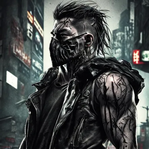 Prompt: Muscular fit attractive Villain. Tattoo and scars. Tough. paramilitary jacket with gang logo. Slow exposure. Detailed. Dirty. Dark and gritty. Post-apocalyptic Neo Tokyo. Futuristic. Shadows. Sinister. Armed. Brutal. Intimidating. Mouth mask. Bionic enhancements. Fanatic. Intense. Heavy rain. Neck tattoo. Neon lights in background. Explosion. Burning car in mid distance.  Explosive Detonator in hand.