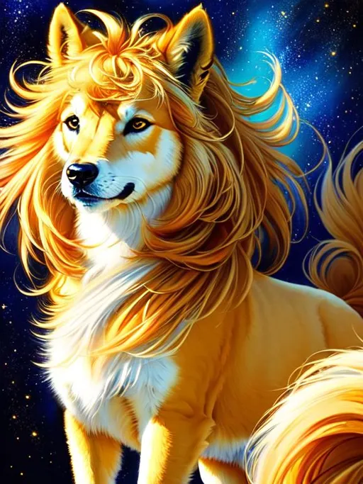 Prompt: (16k, 8k, 3D, ultra high definition, full body focus, very detailed, masterpiece, detailed painting, ultra detailed background, UHD character, UHD background) character design portrait of a beautiful medium-sized female {quadruped} with wind powers, billowing golden fur and golden hairs, vivid crystal-blue eyes, sparkling gold mane, long blue diamond ears with royal blue and magenta interior, (sapphire sparkling rain), cute fangs, majestic like a wolf, playful like a fox, energetic like a deer, calm and inviting smile, ears of blue point siamese cat,  fur speckled with sapphire crystals, fluffy mane, insanely detailed fur, insanely detailed eyes, insanely detailed face, standing in fantasy garden, atmosphere filled with (sparkling rain) and (flower petals), pink and cyan flowers, cherry blossoms, mountains, auroras, pink twilight sky, Sylveon