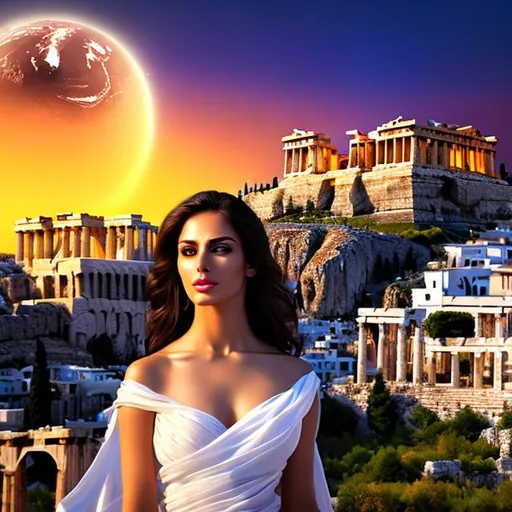 Prompt: HD 4k 3D 8k professional modeling photo hyper realistic beautiful woman ethereal greek goddess of simplicity
dark brown natural hair dark eyes gorgeous face black skin  shimmering simple dress full body surrounded by magical glowing light hd landscape background acropolis at athens with healing potions