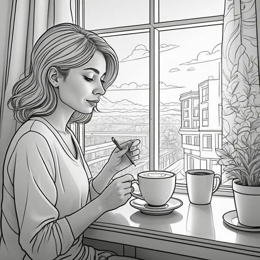 Prompt: generate colouring book for adults, cartoon style, thick lines, low detail, no shading, -- ar 9:11 upbeat vibe, high quality, printable, stress-relief, relaxing activity, The lady is taking a sip of her hot latte during sunset while looking out of her room