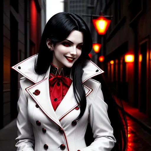 Prompt: female vampire inspired by Alucard from Hellsing, black hair, red ombre, fangs, vampire fangs, vampire the masquerade, detailed symmetrical face, attractive face, full body picture, grinning with vampire fangs showing, cyberpunk night time style background, well lit by street lights, white trench coat, business suit, 