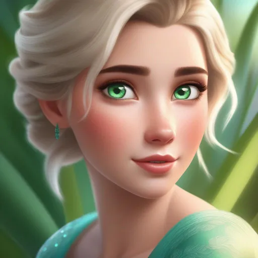 Prompt: elsa's short haired roundish faced greeneyed cousin